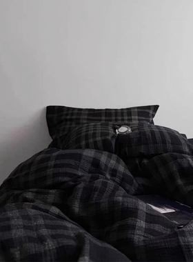 达西先生/Adrian黑灰三层纱松软被套格子四件套全棉双层纱床单