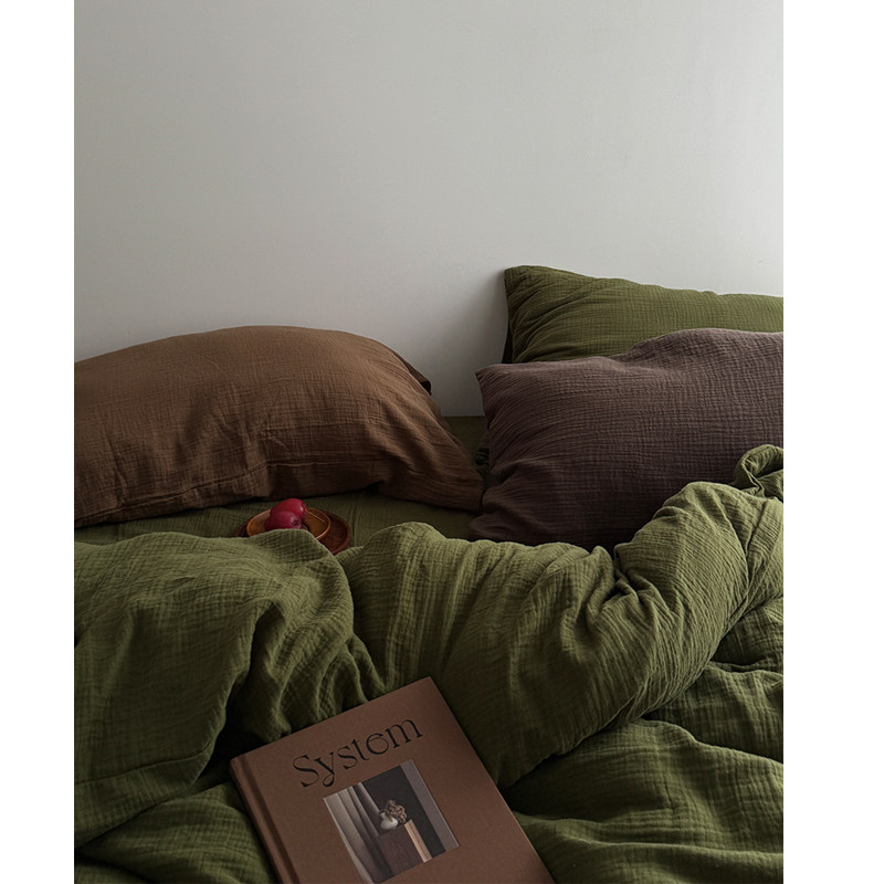 平川家的摩西/retro橄榄绿双层皱皱纱床单四件套纯棉被套床笠