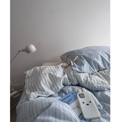 茉莉的山姆/Nordic北欧冰川蓝条纹水洗棉床单四件套全棉被套床笠