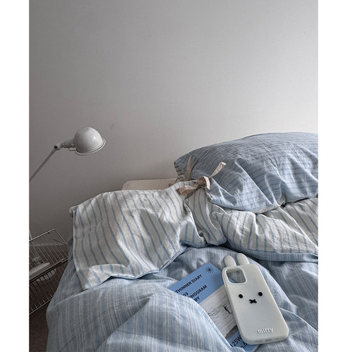 茉莉的山姆/Nordic北欧冰川蓝条纹水洗棉床单四件套全棉被套床笠