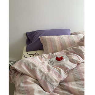 春日普的漫步/ins韩国色织条纹水洗棉床单四件套全棉被套三件套