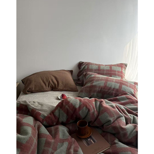 摩登浮德里达/Retro复古多莉绒毛保暖格子床单四件套热氧绒床笠