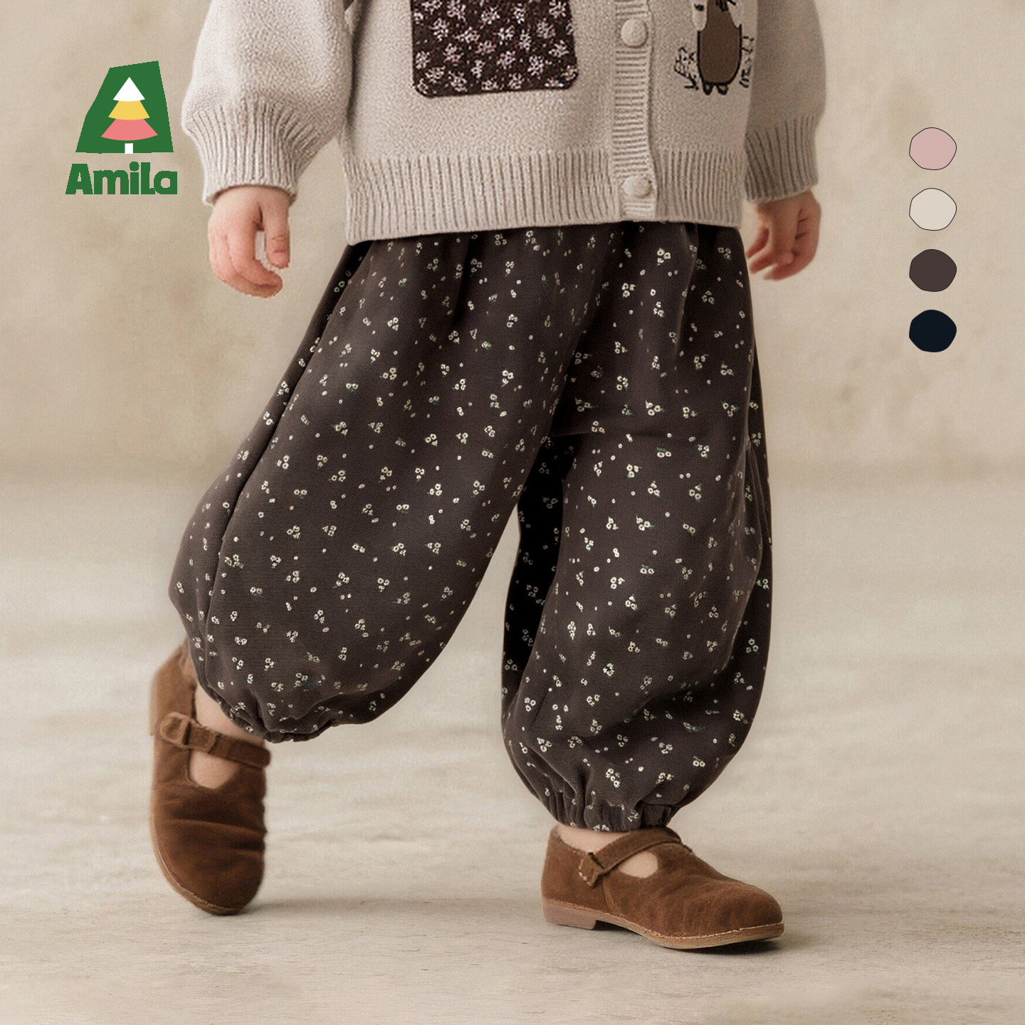 Amila女童加绒休闲灯笼裤秋冬款儿童宝宝碎花束脚厚裤子小孩保暖