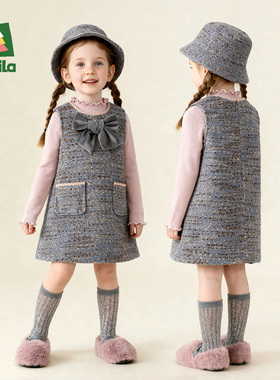 Amila女童加棉背心裙秋冬款儿童宝宝小香风公主连衣裙小孩毛呢裙