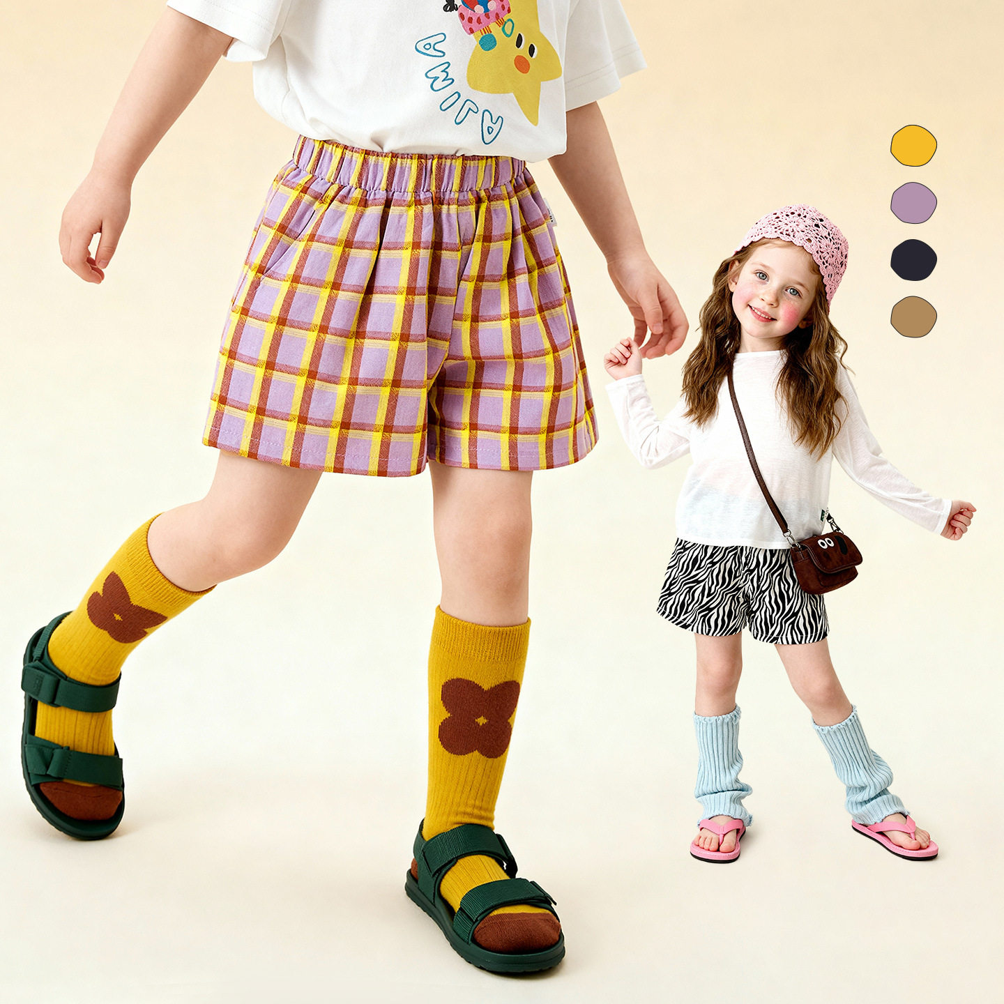 Amila女童装格子短裤全棉儿童宝宝夏季休闲裤子小女孩洋气沙滩裤