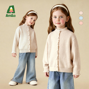 Amila女童甜美毛衣外套半高领儿童宝宝保暖针织开衫小女孩秋冬款