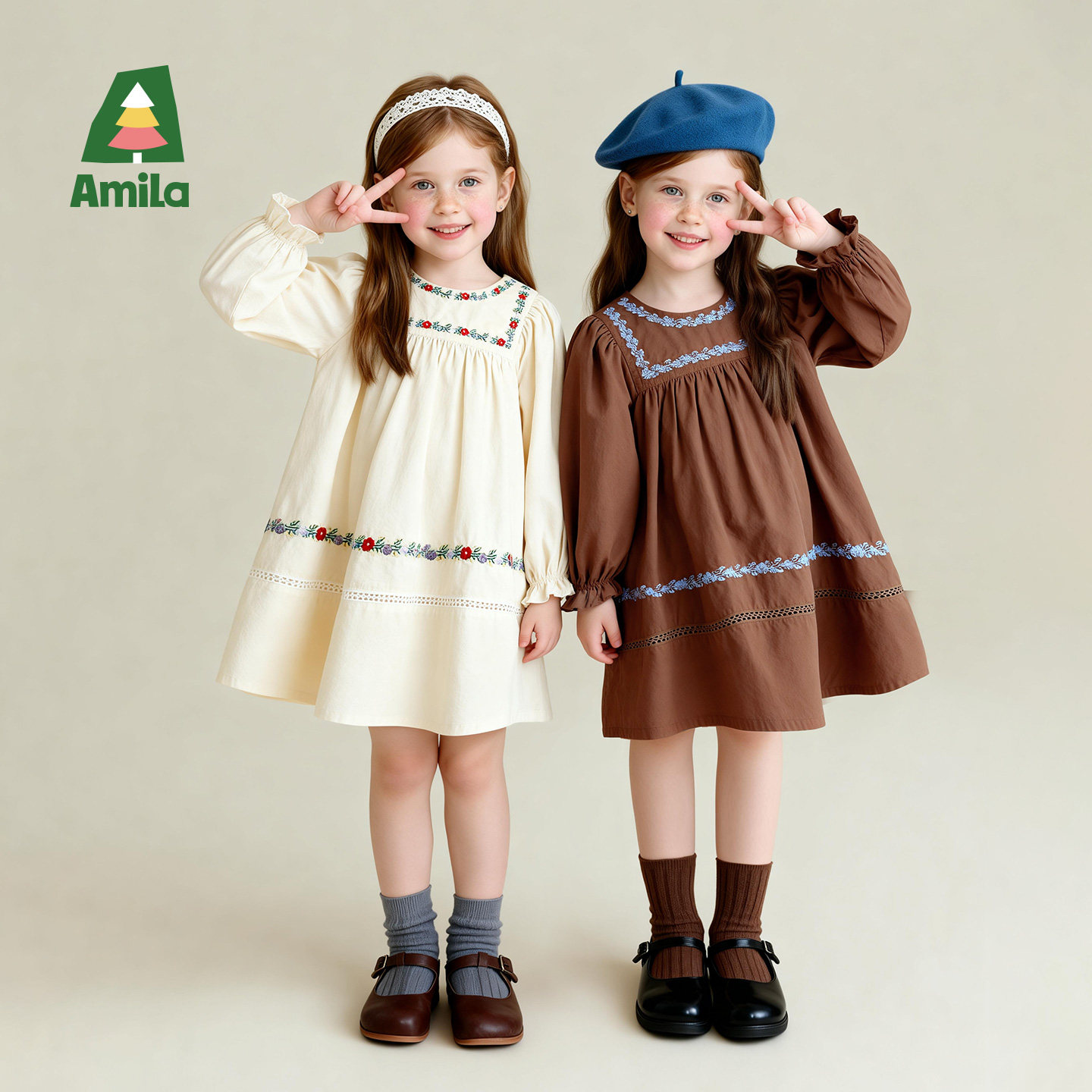 Amila女童森系连衣裙春秋款儿童宝宝纯棉刺绣裙子长袖小女孩洋气
