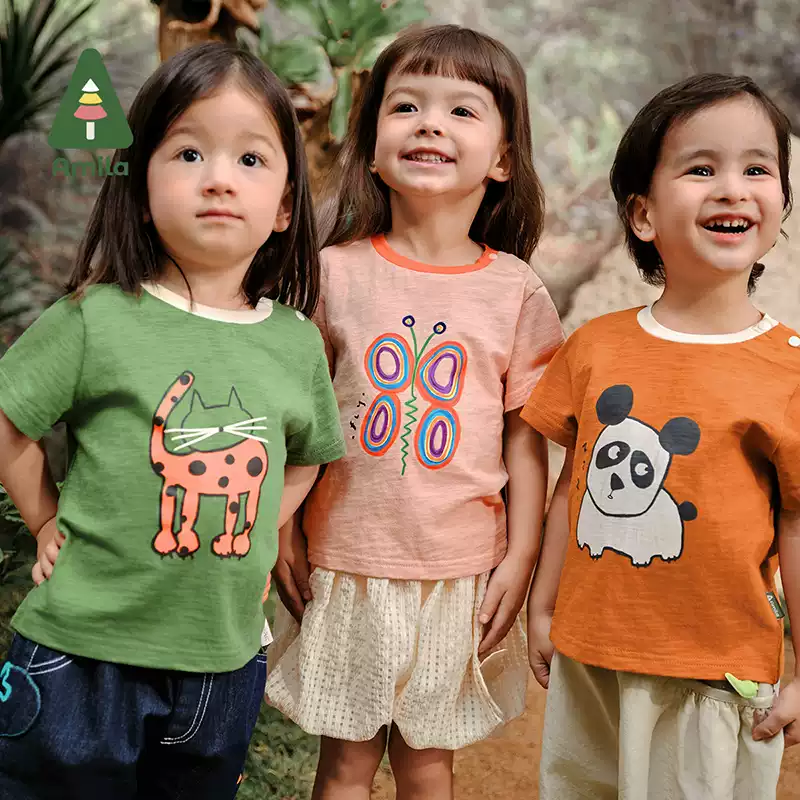 Amila男女童短袖T恤全棉儿童夏装上衣透气宝宝夏季印花体恤衫洋气
