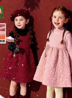 Amila女童夹棉连衣裙秋冬款儿童宝宝加厚背心裙洋气小女孩新年服