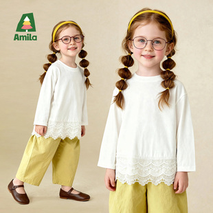 Amila女童长袖T恤2026春秋款儿童宝宝白色上衣中长款小女孩打底衫