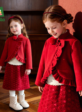 Amila女童喜庆红色毛呢外套冬款儿童宝宝加厚保暖外衣小女孩年服