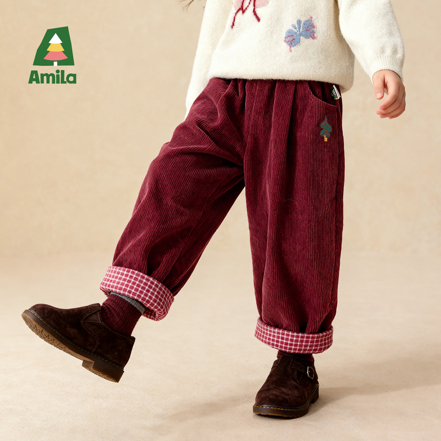 啊咪啦女童灯芯绒加绒休闲裤冬款