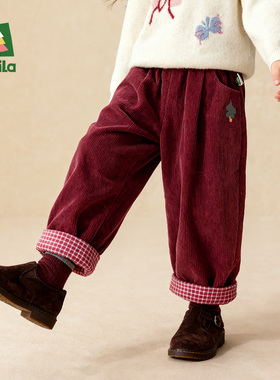 Amila女童加绒休闲裤秋冬款儿童宝宝保暖长裤小女孩灯芯绒厚裤子