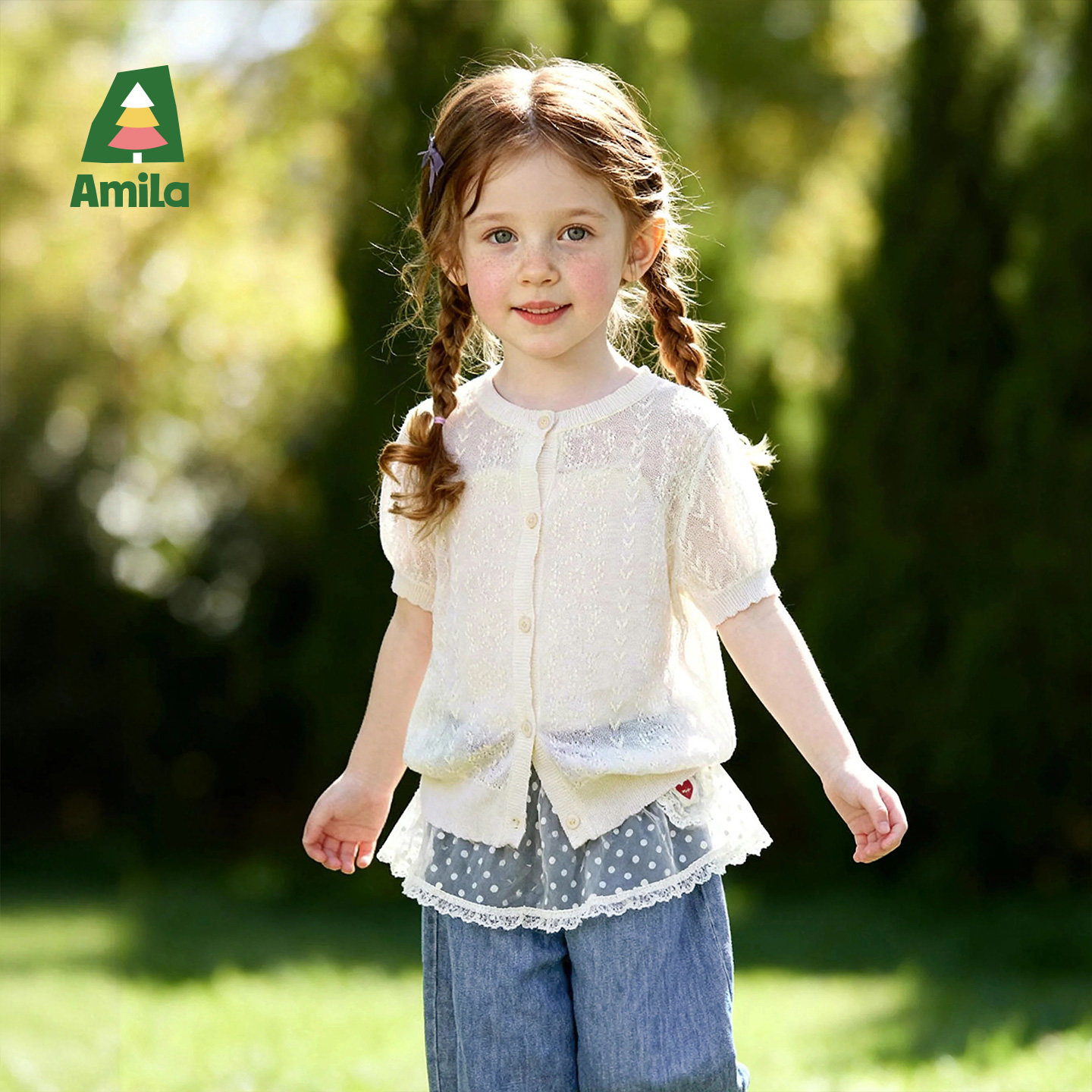Amila女童夏季短袖针织开衫儿童宝宝镂空上衣小孩防晒空调衫薄款