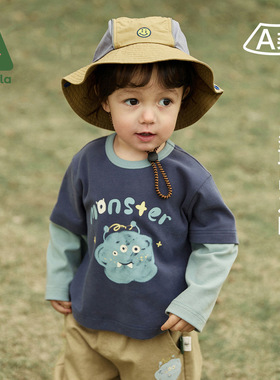 Amila男童装长袖T恤春秋款儿童撞色假两件上衣洋气宝宝纯棉打底衫