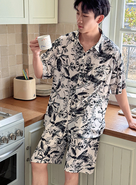 夏季男棉绸睡衣薄款短袖绵绸套装新款大码可外穿家居服2026年