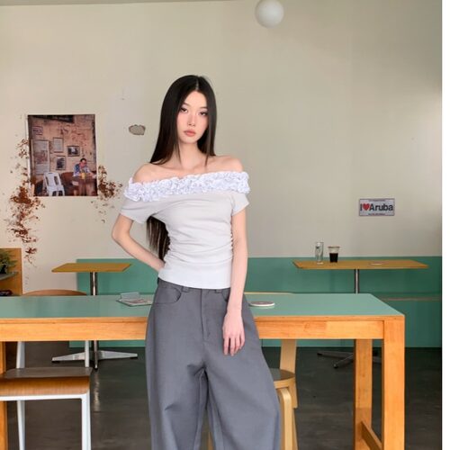小众设计感多层花边斜肩T恤女新款短袖上衣