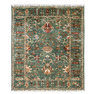 阿富汗手工打结毯羊毛卧室毯床边阳台毯绿色系花纹图案高级感家用