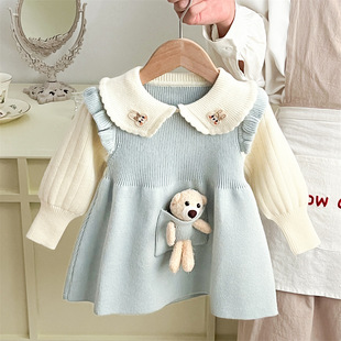 2024新款年款大红色韩版儿童毛衣秋冬女童翻领小熊卡通连衣裙针织