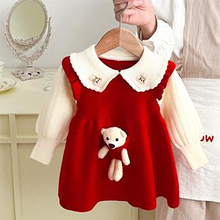 秋冬新款毛衣连衣裙公主裙假两件卡通小熊女童红色过年喜庆针织裙