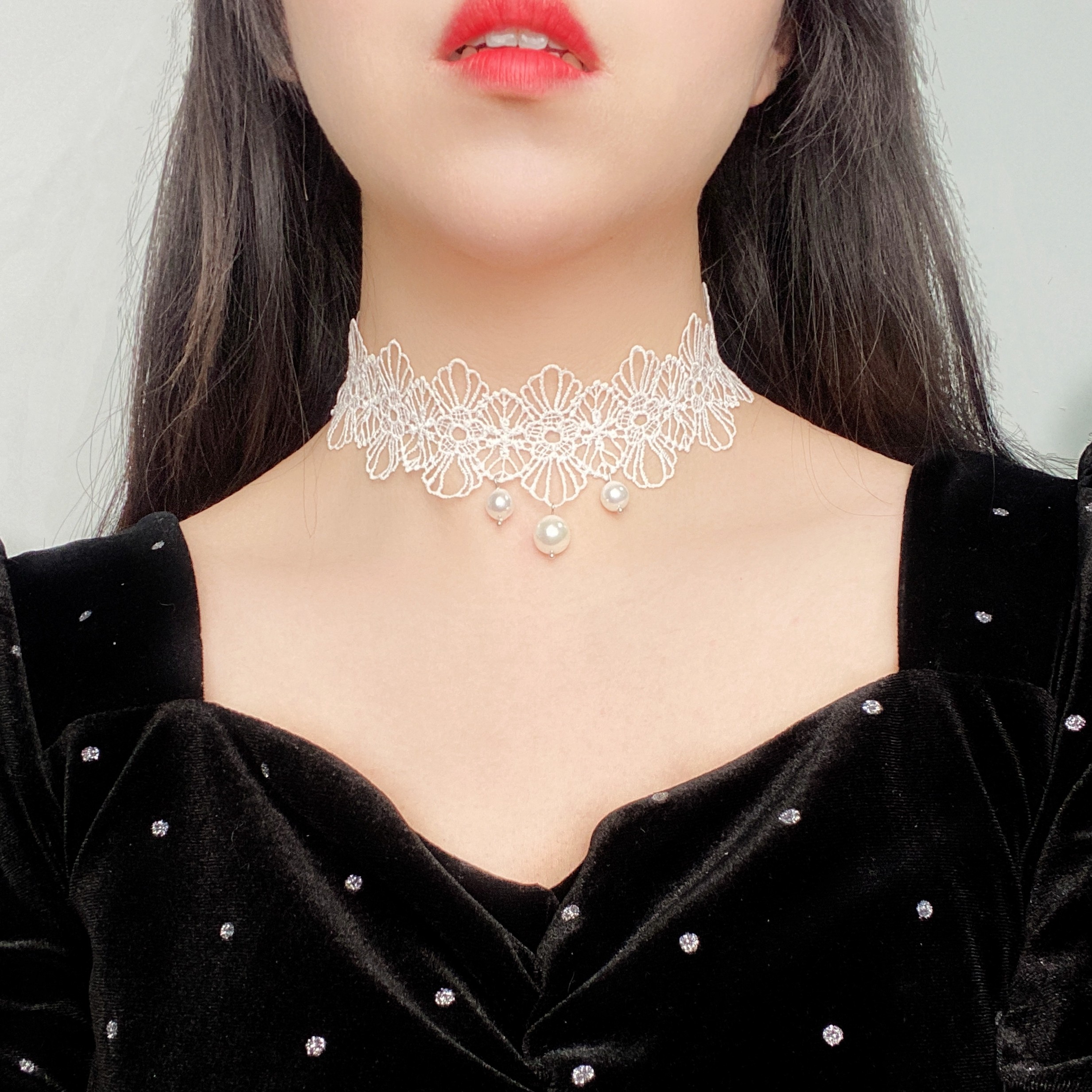 s925纯银白色蕾丝项圈珍珠颈链choker女锁骨链遮疤痕项链超仙新款