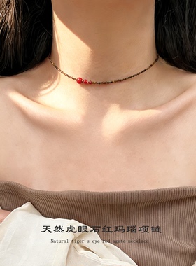 不掉色高级天然虎眼石红玛瑙项链