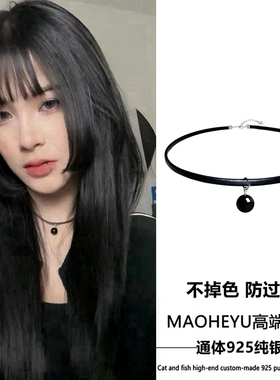 S925纯银天然黑曜石皮绳项圈choker颈链博主网红同款项链2024新款