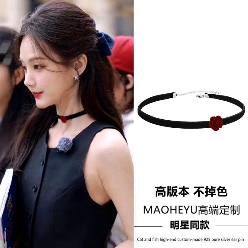 新品酒红玫瑰项圈小众设计项链