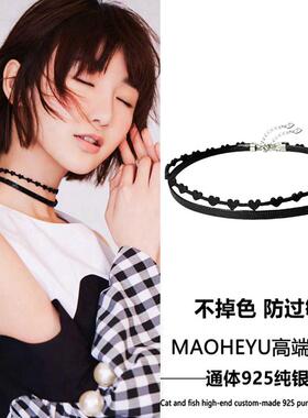 S925纯银心形黑色皮绳项链女choker颈链锁骨链小众设计叠带气质潮