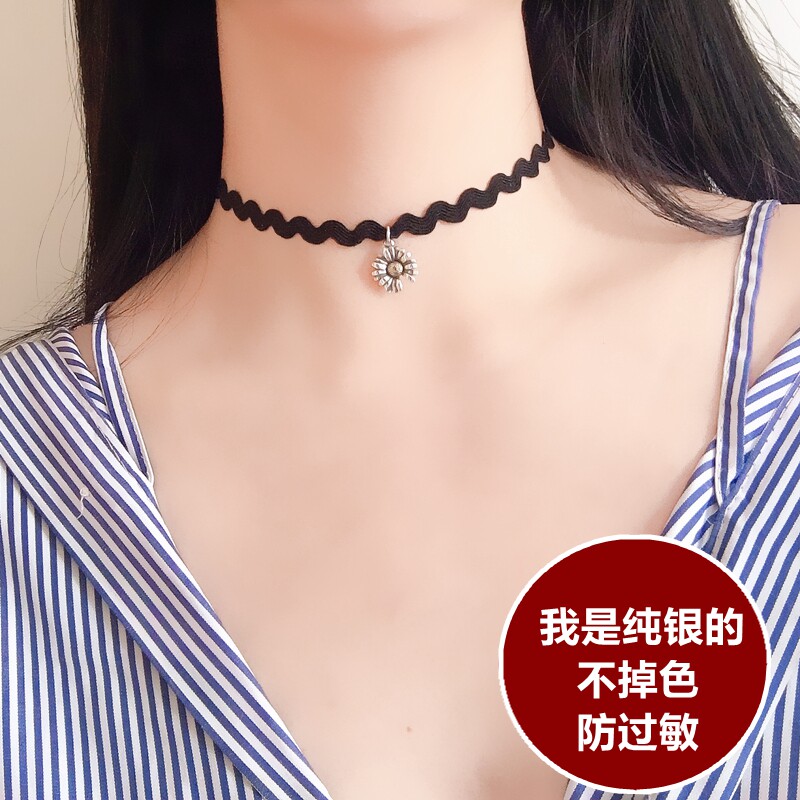 s925纯银权志龙小雏菊项链女黑色短款锁骨链choker项圈颈链日韩潮