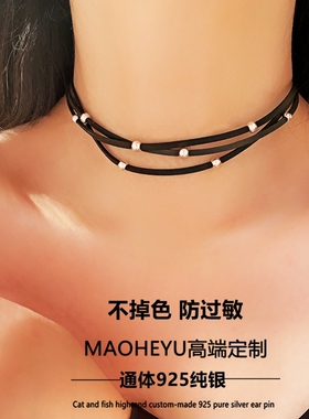 S925纯银高级黑色皮绳银珠项圈女choker颈链锁骨链小众设计甜酷潮