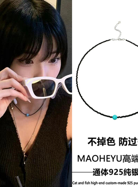 S925纯银绿松石黑色小众项链