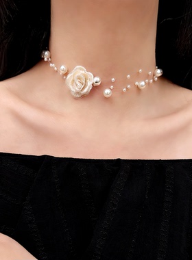 s925纯银珍珠花朵颈链女项圈choker少女超仙森系复古轻奢小众高级