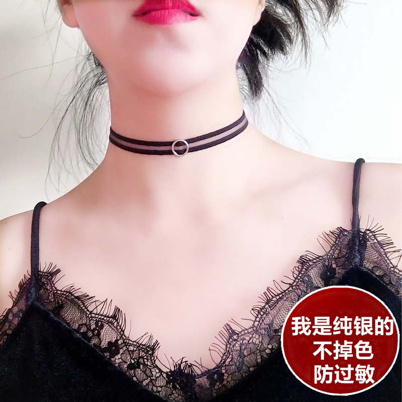 s925纯银几何圆圈弹力蕾丝颈带女choker项圈颈链黑色短款锁骨链潮