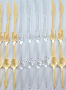 DLS直销一次性塑料透明与黄色刀叉勺各8个组合套装一包共24个产品