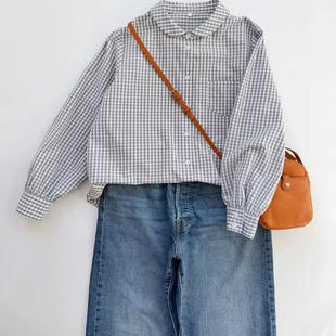 独家定制款灰色格子衬衫女春秋新款百搭天然纯棉衬衣元宝领上衣女