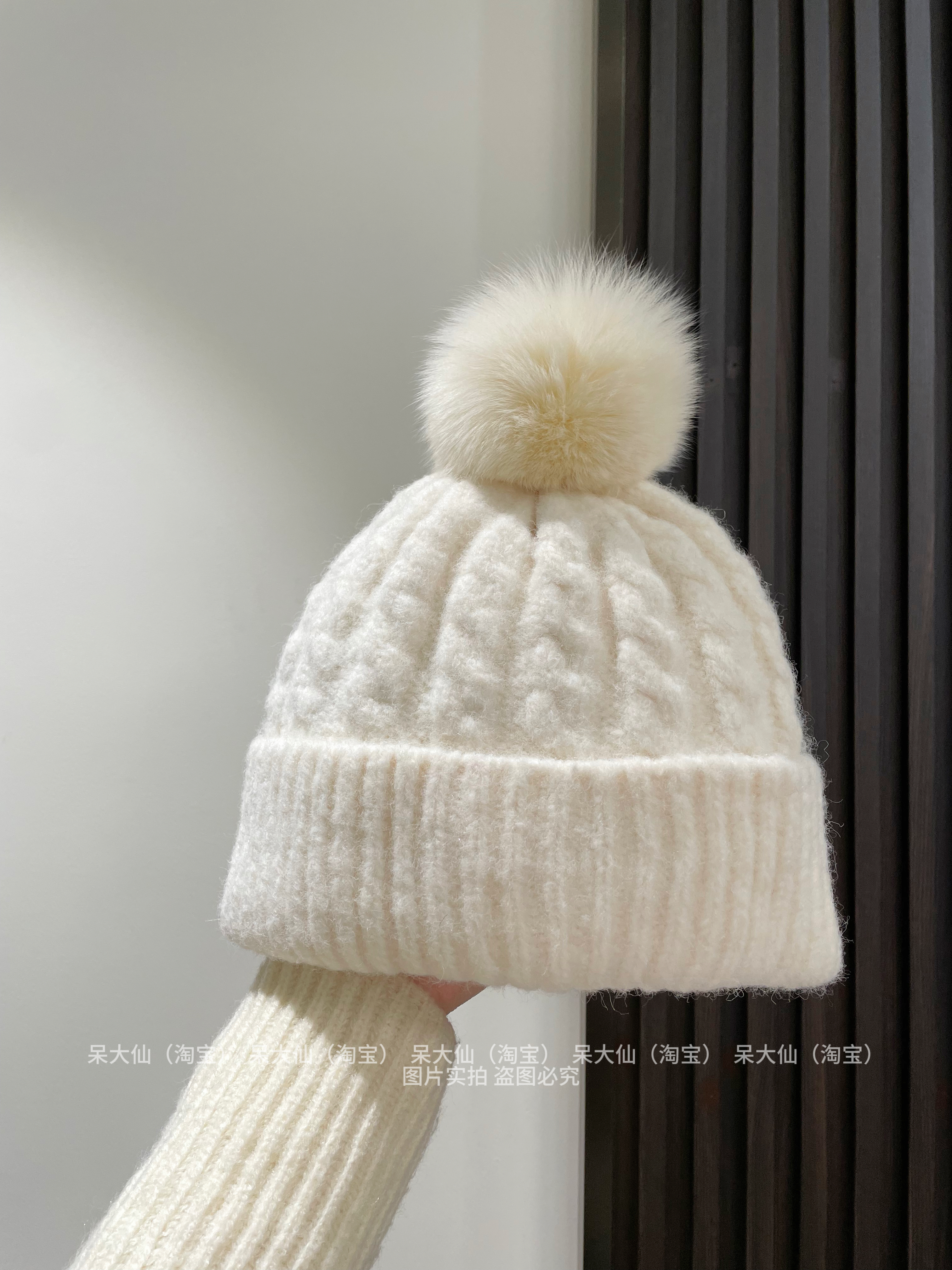 定制大头围～奶白色麻花毛线帽子毛球可拆卸女秋冬季保暖针织冷帽