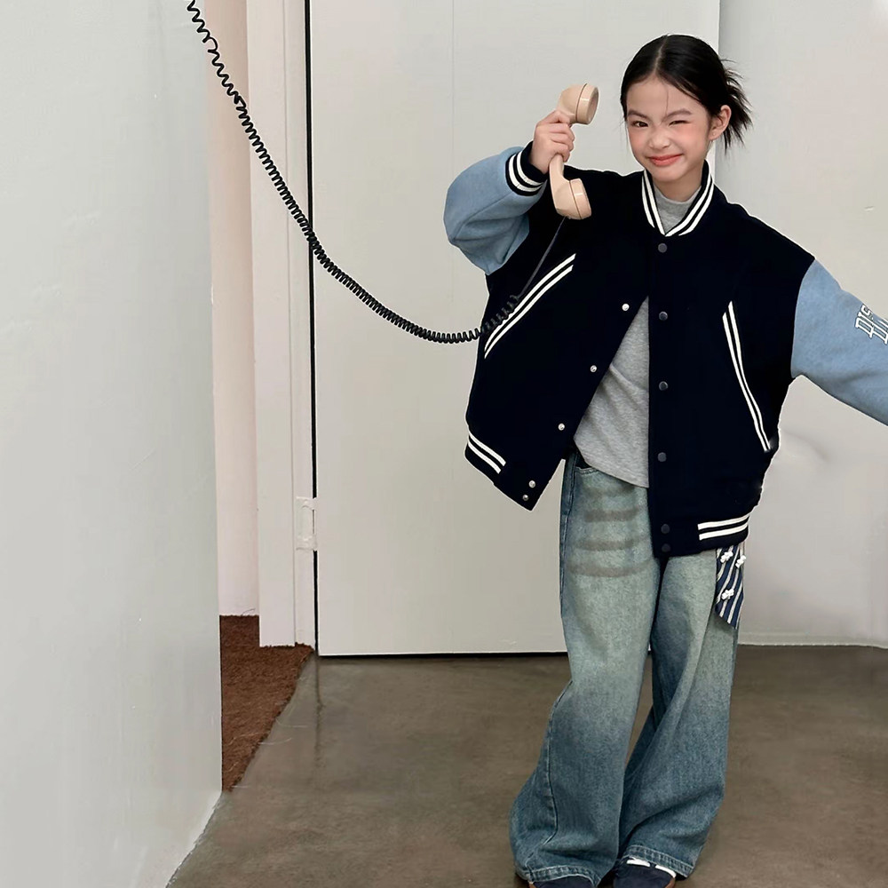 秋冬女童时尚拼接撞色夹克薄棉衣外套中大童学院风休闲夹棉棒球服