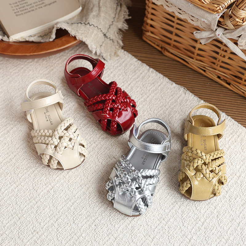 韩版女童编织包头凉鞋2026夏季新款女宝软底单鞋儿童公主红色皮鞋