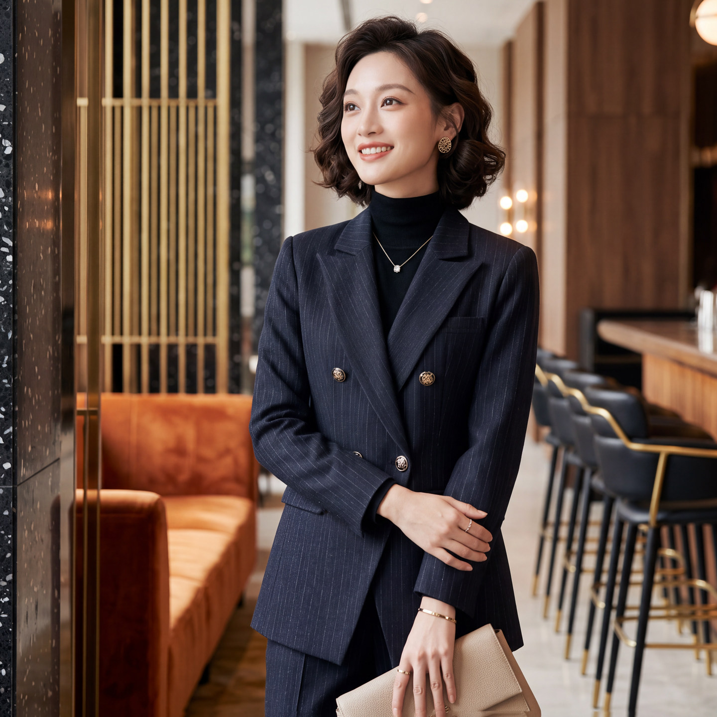 精致金属扣竖纹西装套装女收腰遮肉商务会谈职场精英正装全套穿搭