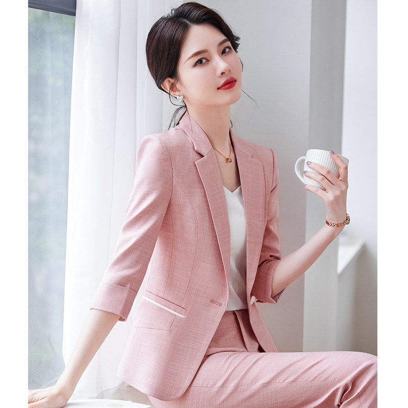 粉色西装外套女夏季薄款2026新款七分袖小个子职业装休闲西服套装