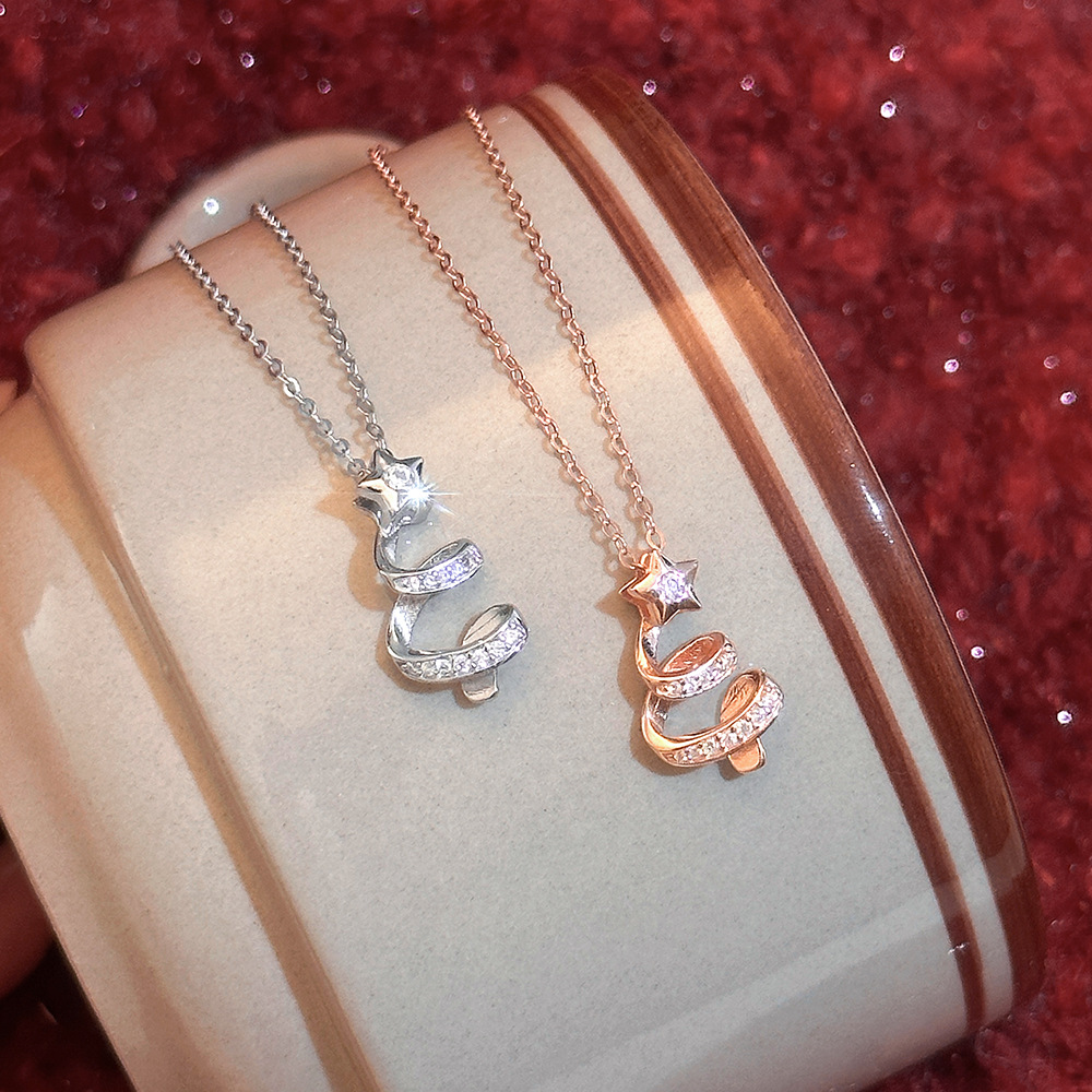 S925纯银圣诞树锆石锁骨链礼物