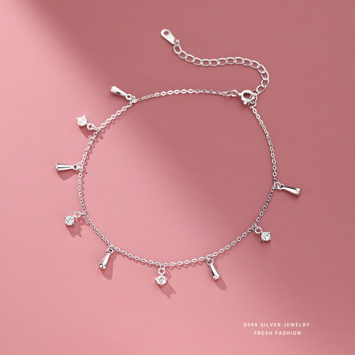 S999纯银水滴流苏白锆石吊坠脚链