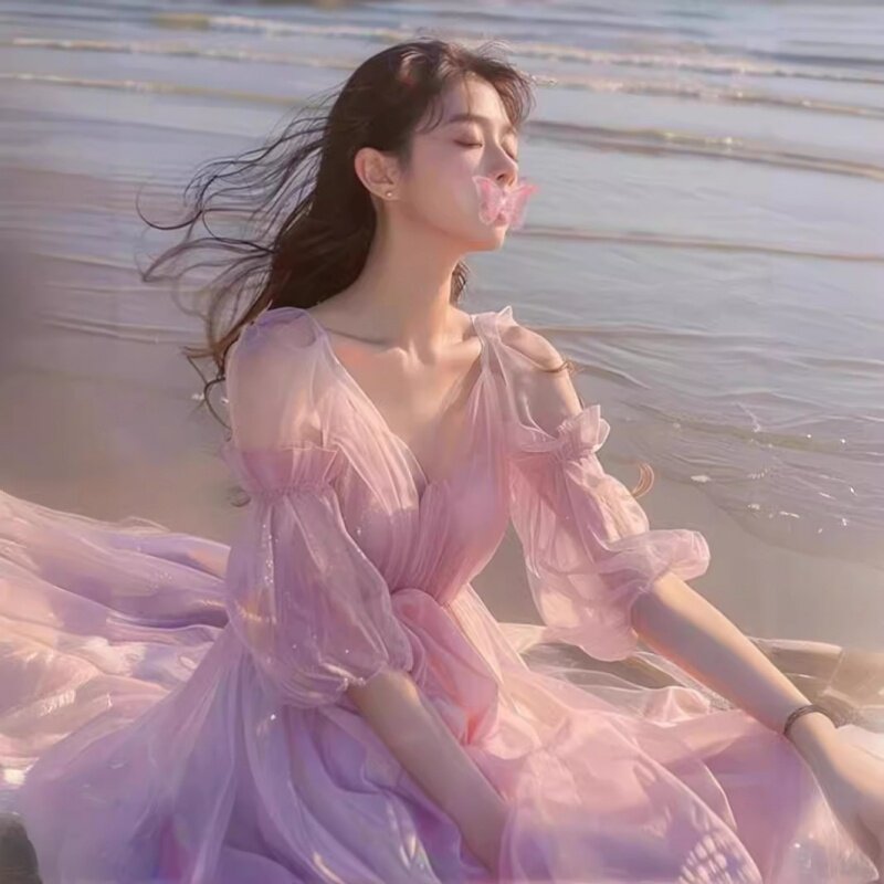 今年流行漂亮法式复古绝美连衣裙女夏氛围感超仙海边度假粉色裙子