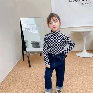 春款女童打底衫棋盘格子长袖T恤