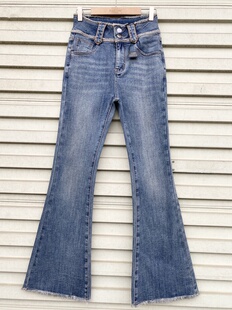 高腰牛仔裤女微喇裤子秋冬加厚磨毛复古双扣弹力显瘦毛边喇叭长裤