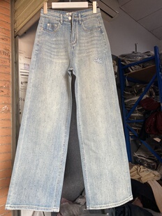 复古烫钻无弹春夏阔腿牛仔裤女高腰宽松休闲直筒拖地长裤