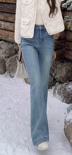 浅蓝弹力加绒加厚高腰微喇牛仔裤女冬长裤水洗浅蓝色喇叭