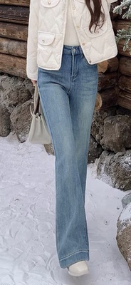 浅蓝弹力加绒加厚高腰微喇牛仔裤女冬长裤水洗浅蓝色喇叭