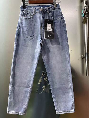 小个子薄款哈伦牛仔裤女高腰弹性水洗宽松九分萝卜裤浅色老爹裤
